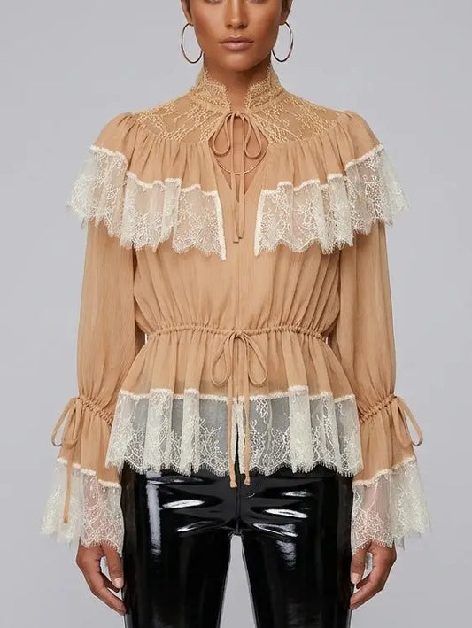 Lace-Trimmed Crepe Blouse with Tie Detail - Small - Tops