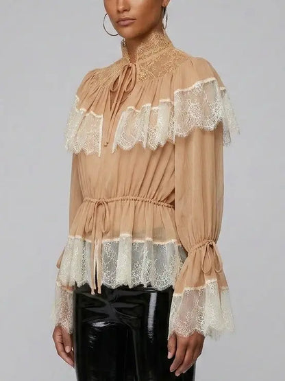 Lace-Trimmed Crepe Blouse with Tie Detail - Tops