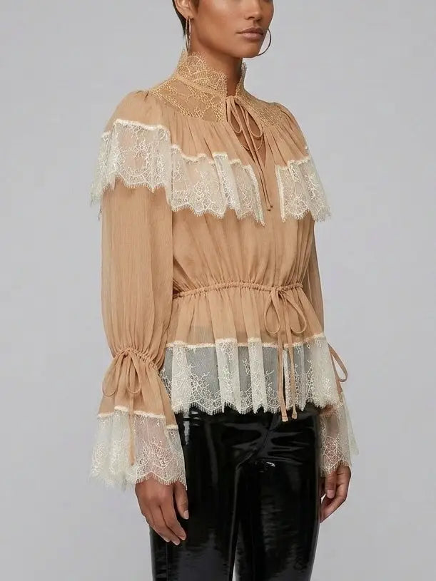 Lace-Trimmed Crepe Blouse with Tie Detail - Tops