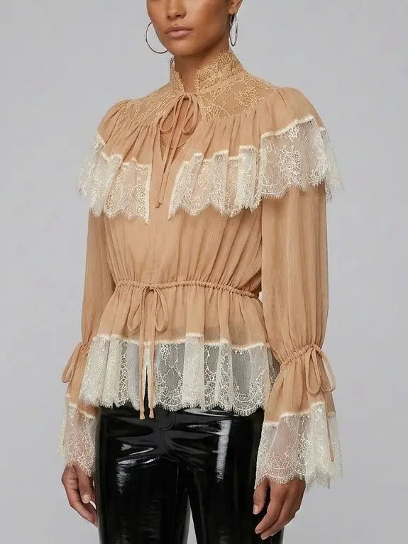 Lace-Trimmed Crepe Blouse with Tie Detail - Tops