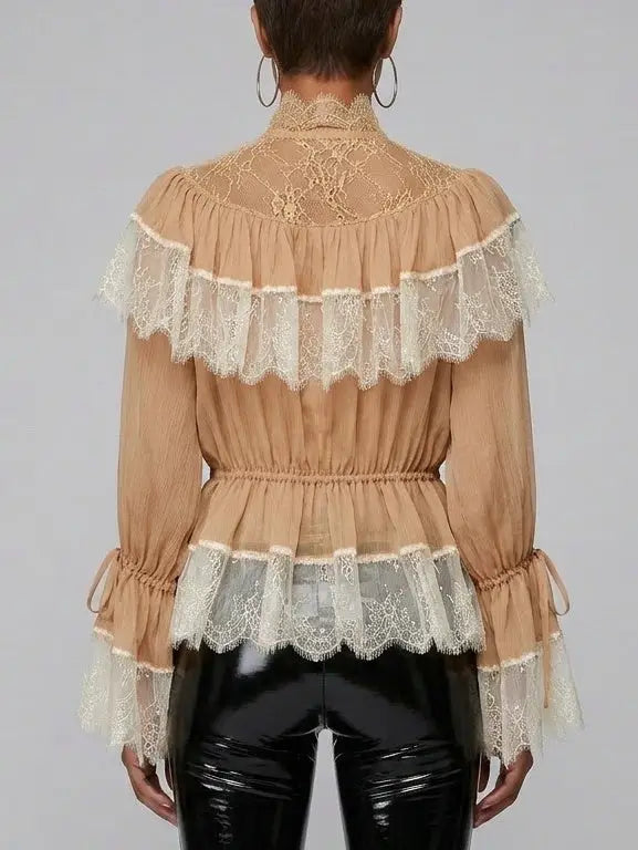 Lace-Trimmed Crepe Blouse with Tie Detail - Tops