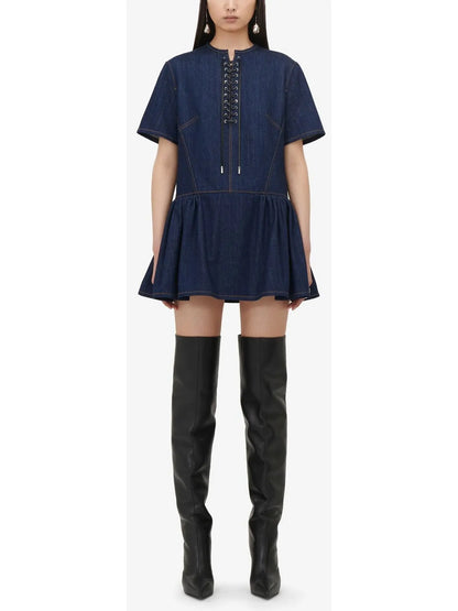 Lace-Up Detail Mini Dress in Denim - Branna Couture