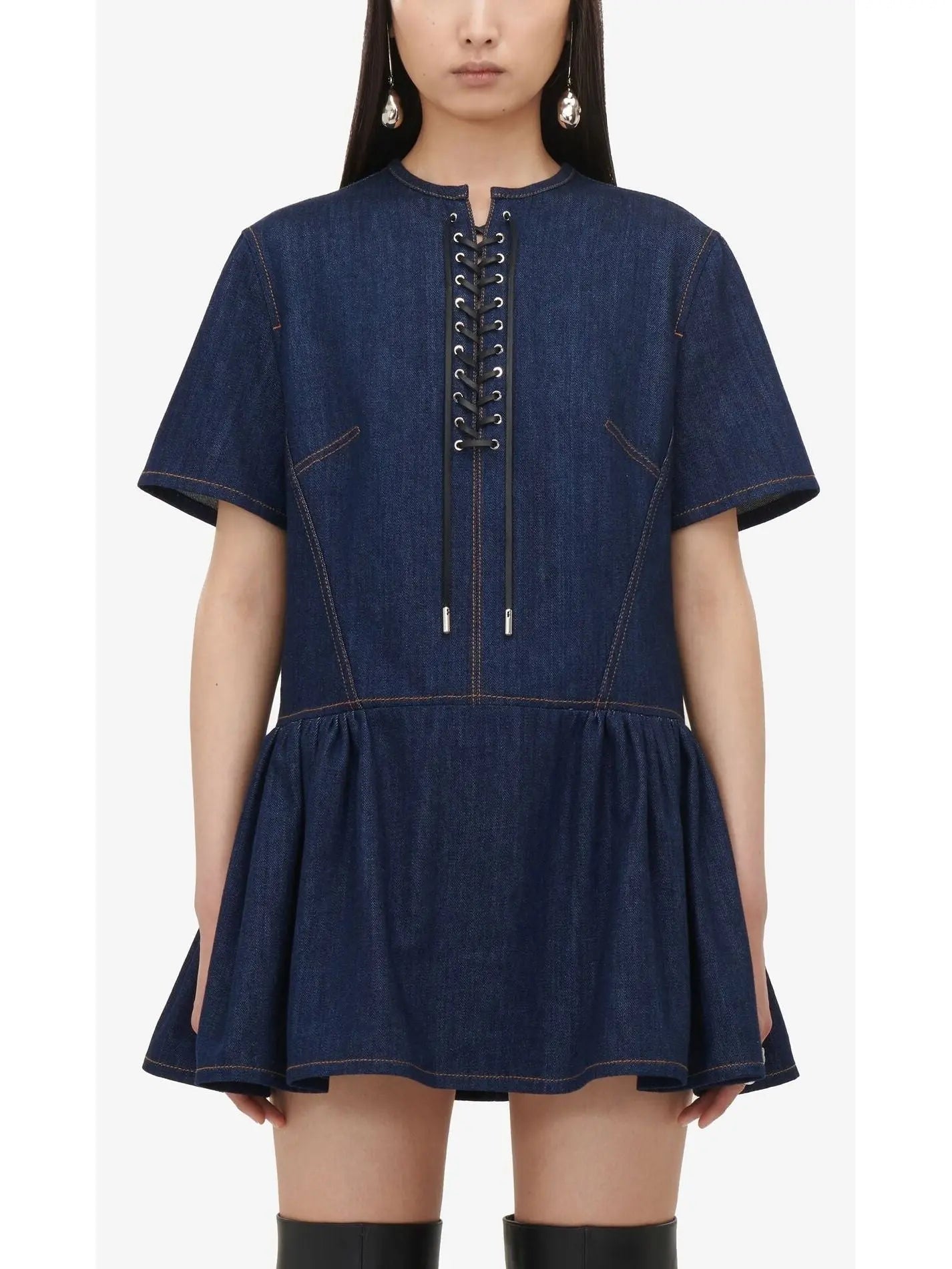 Lace-Up Detail Mini Dress in Denim - Branna Couture