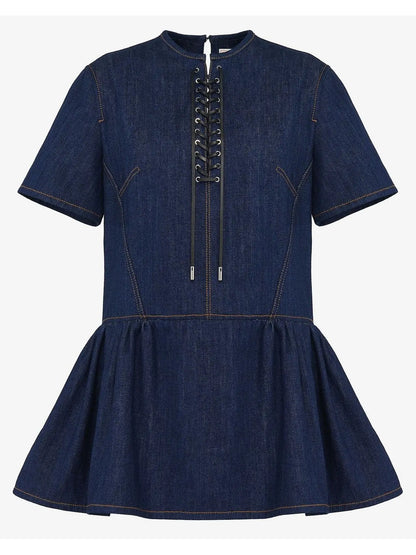 Lace-Up Detail Mini Dress in Denim - Branna Couture