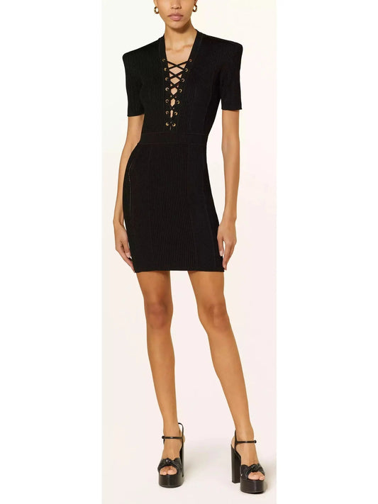 Lace-Up Ribbed Knit Black Mini Dress - Branna Couture