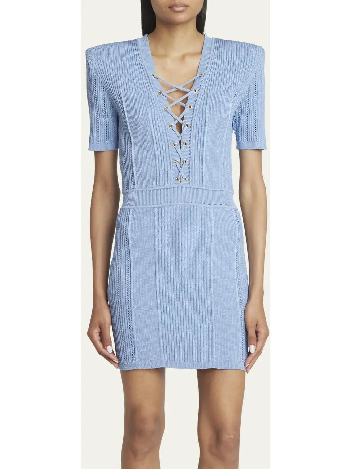 Lace-Up Ribbed Knit Blue Mini Dress - Branna Couture