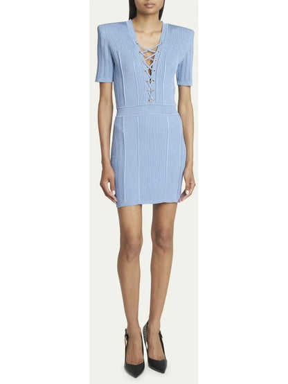 Lace-Up Ribbed Knit Blue Mini Dress - Branna Couture