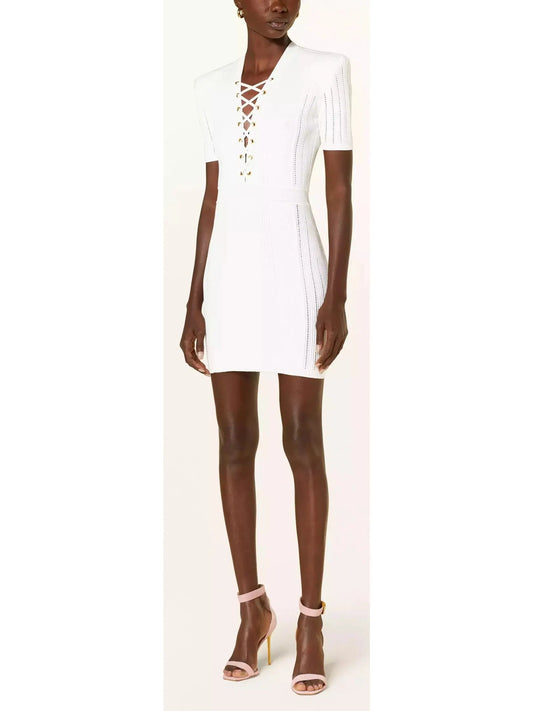 Lace-Up Ribbed Knit White Mini Dress - Branna Couture