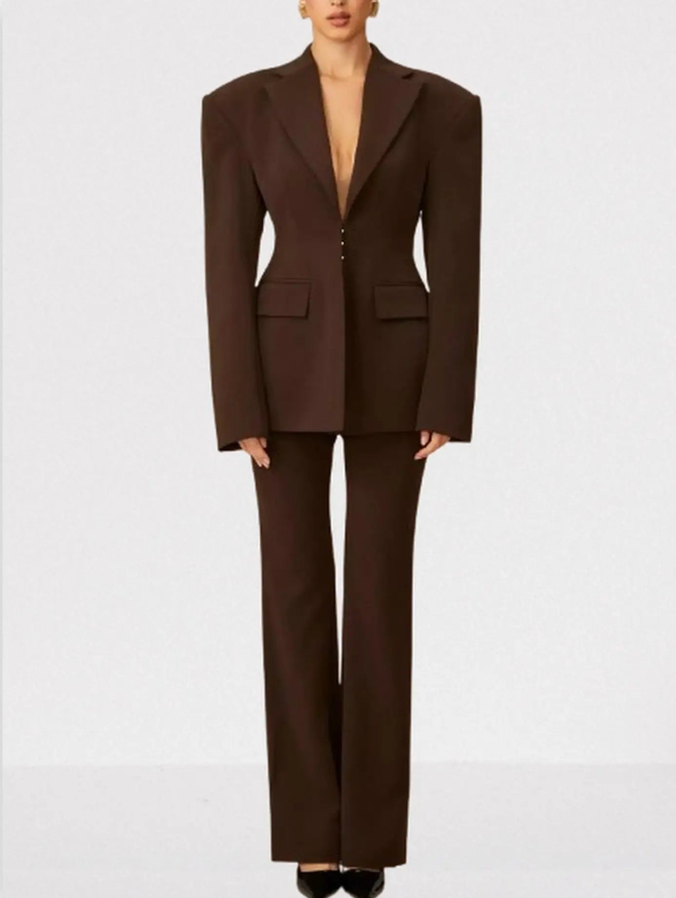 Lace-Up Boxy Jacket and Matching Pant Suit - Small / Brown - Suits & Sets