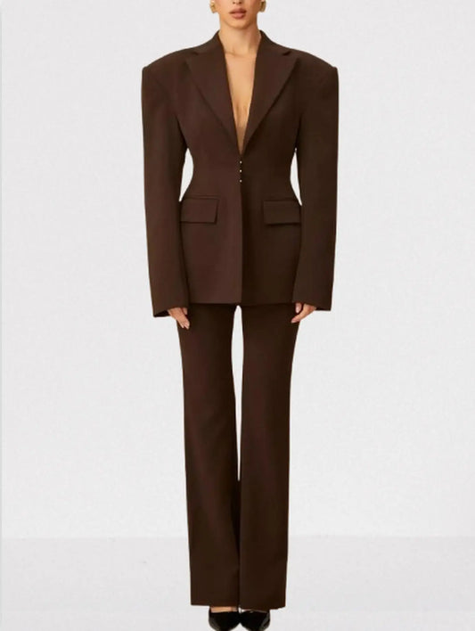 Lace-Up Boxy Jacket and Matching Pant Suit - Small / Brown - Suits & Sets