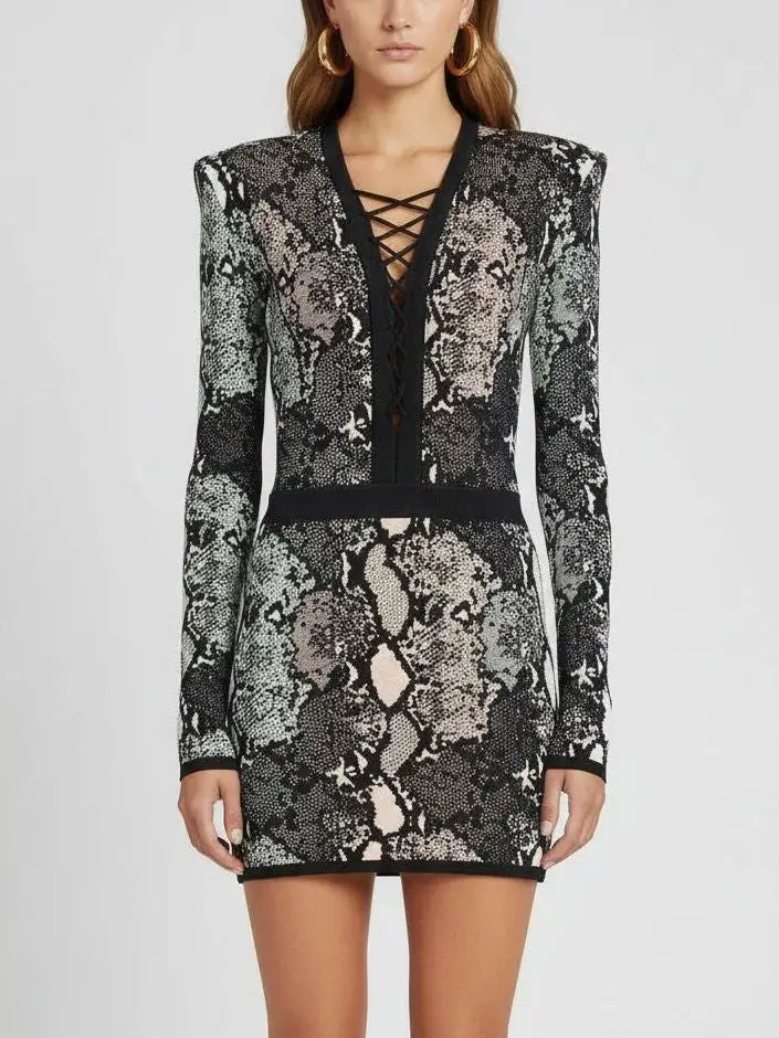 Lace-Up V-Neck Snakeskin Knit Mini Dress - Small - Dresses