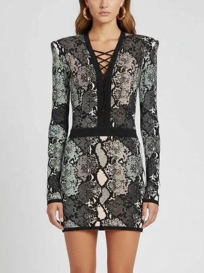 Lace-Up V-Neck Snakeskin Knit Mini Dress - Small - Dresses