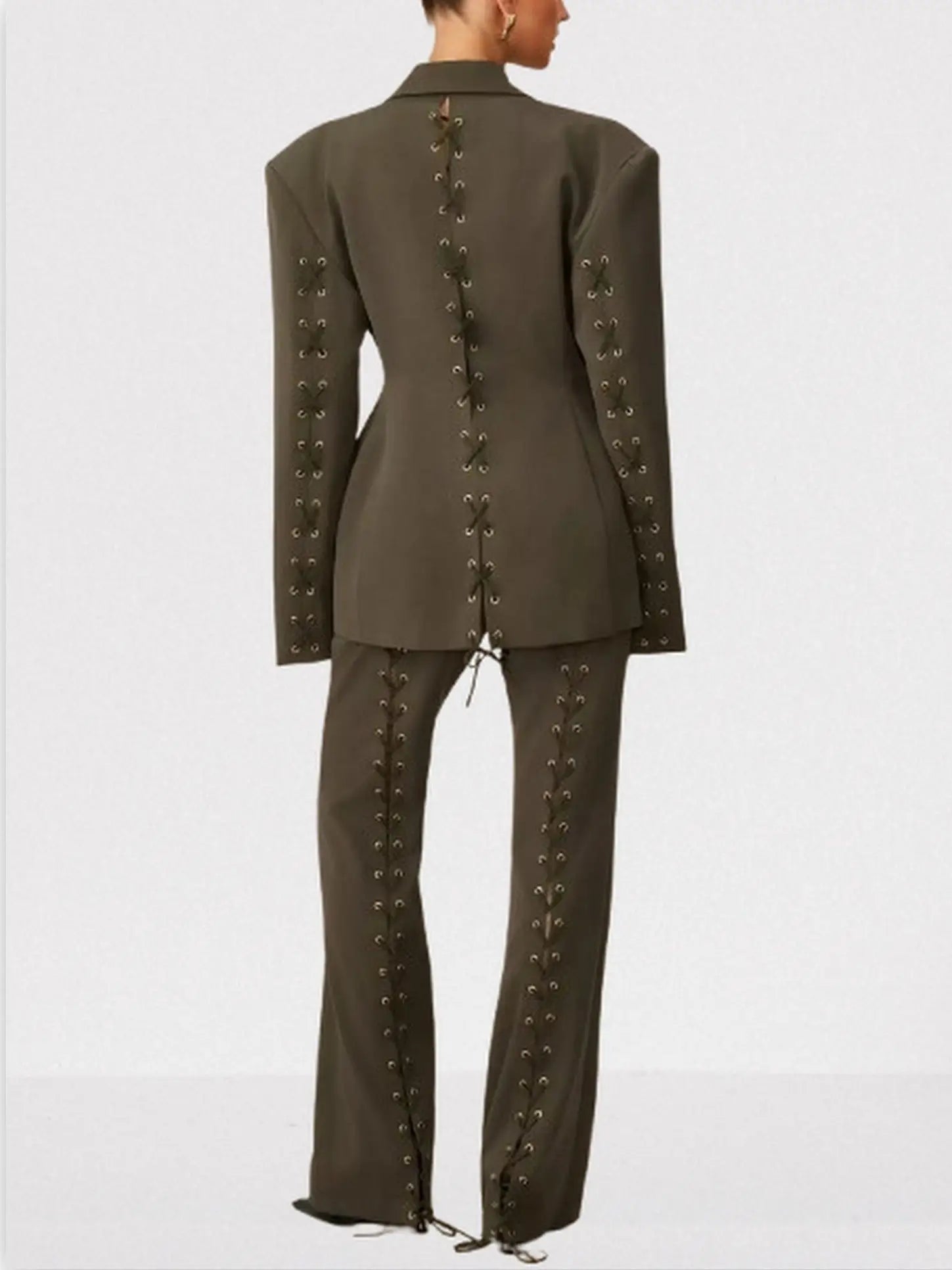 Lace-Up Boxy Jacket and Matching Pant Suit - Suits & Sets