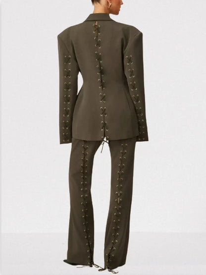 Lace-Up Boxy Jacket and Matching Pant Suit - Suits & Sets