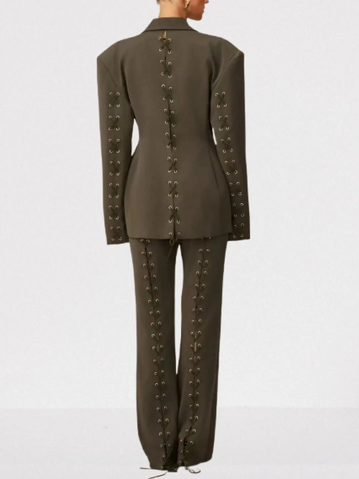 Lace-Up Boxy Jacket and Matching Pant Suit - Suits & Sets