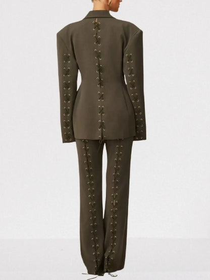 Lace-Up Boxy Jacket and Matching Pant Suit - Suits & Sets