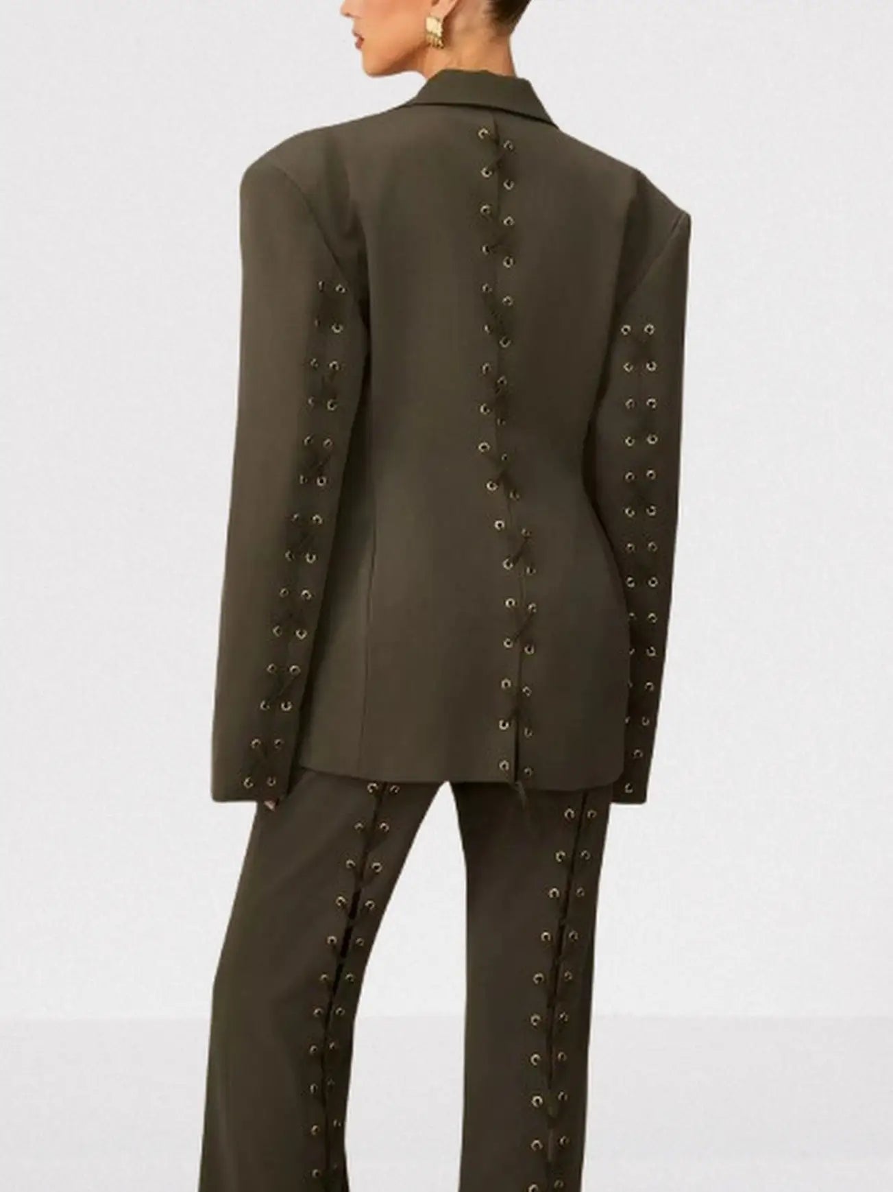 Lace-Up Boxy Jacket and Matching Pant Suit - Suits & Sets