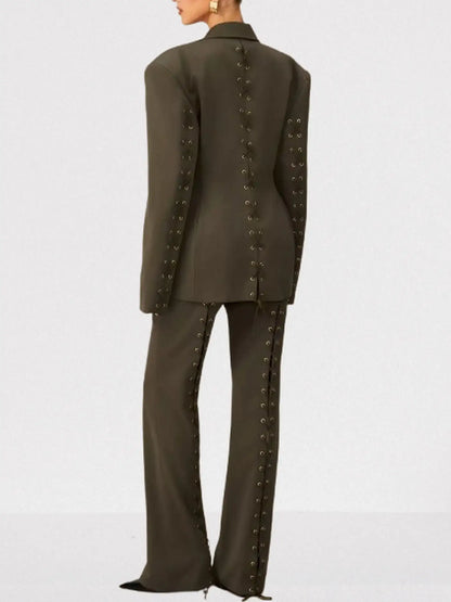 Lace-Up Boxy Jacket and Matching Pant Suit - Suits & Sets