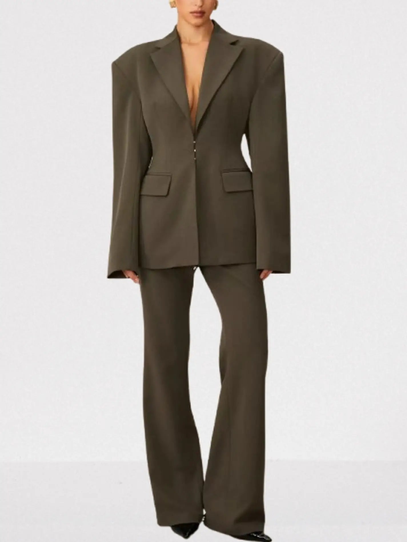 Lace-Up Boxy Jacket and Matching Pant Suit - Suits & Sets