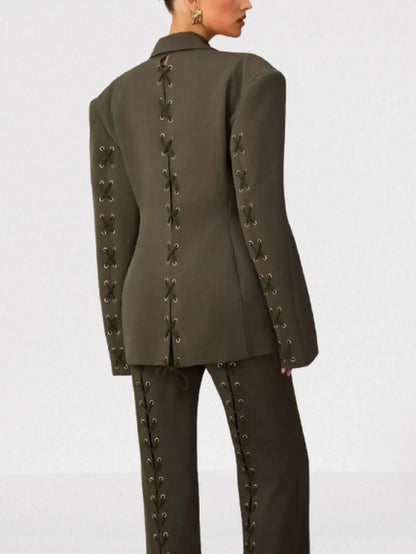 Lace-Up Boxy Jacket and Matching Pant Suit - Suits & Sets