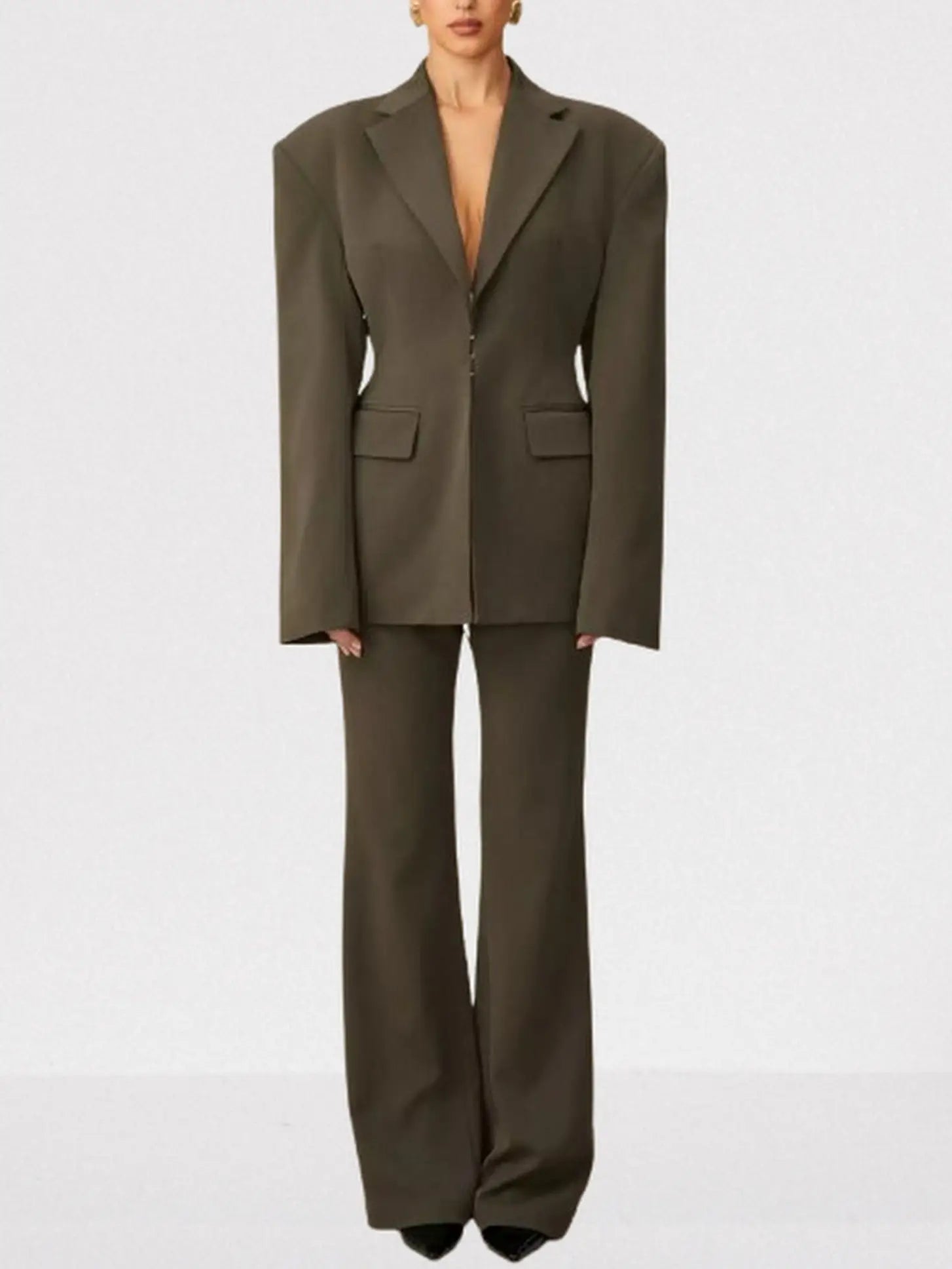 Lace-Up Boxy Jacket and Matching Pant Suit - Small / Army/Military Green - Suits & Sets