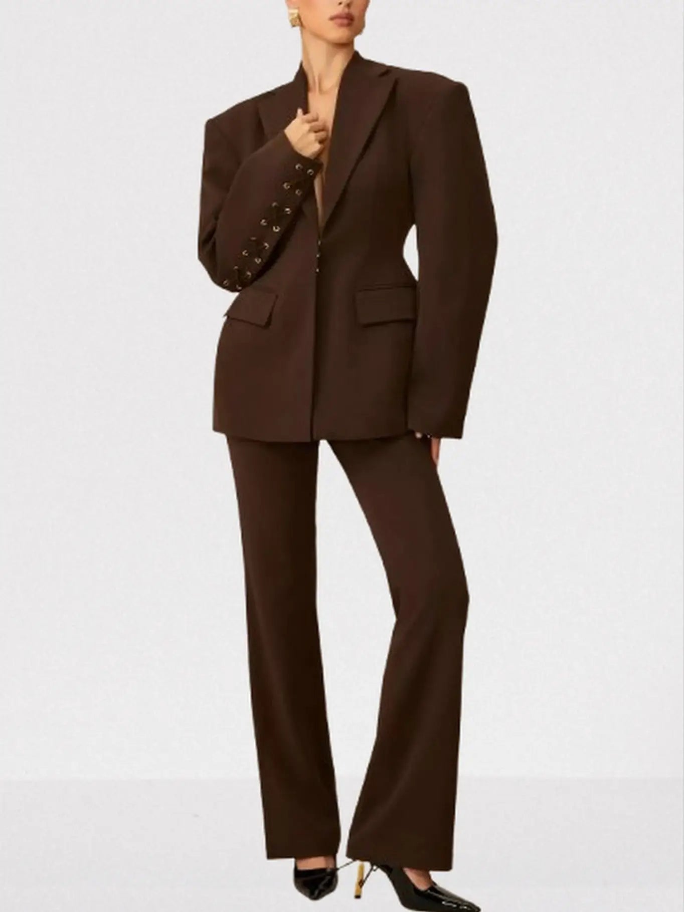 Lace-Up Boxy Jacket and Matching Pant Suit - Suits & Sets
