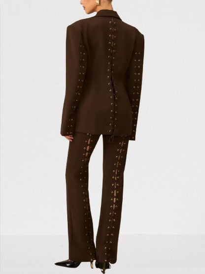 Lace-Up Boxy Jacket and Matching Pant Suit - Suits & Sets