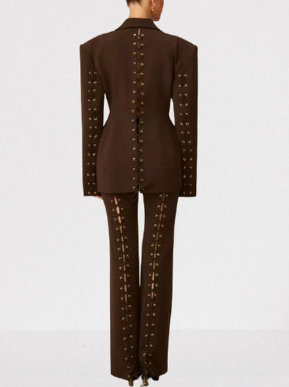 Lace-Up Boxy Jacket and Matching Pant Suit - Suits & Sets