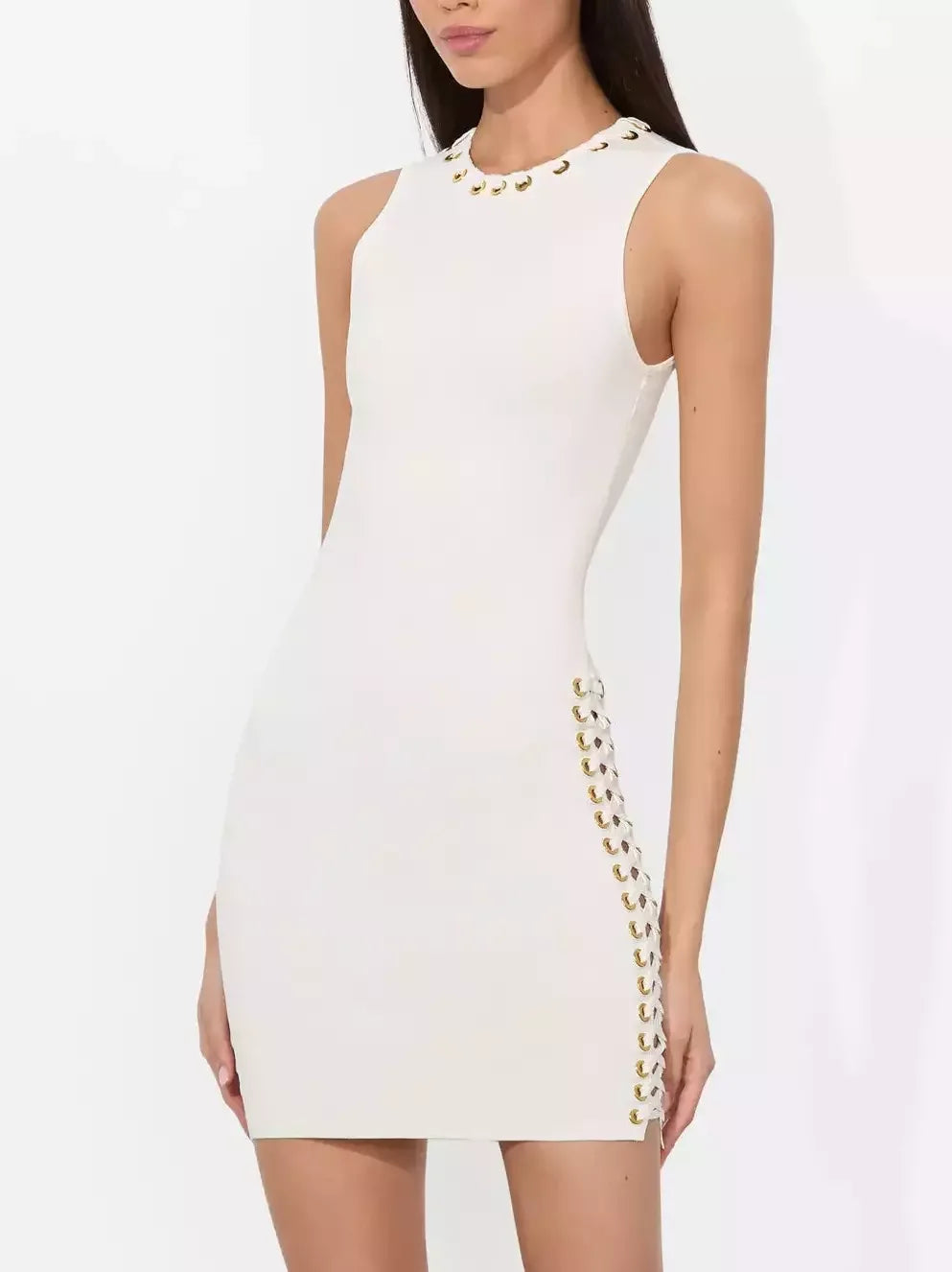 Lace-Up Grommet Mini Dress in White - Dresses