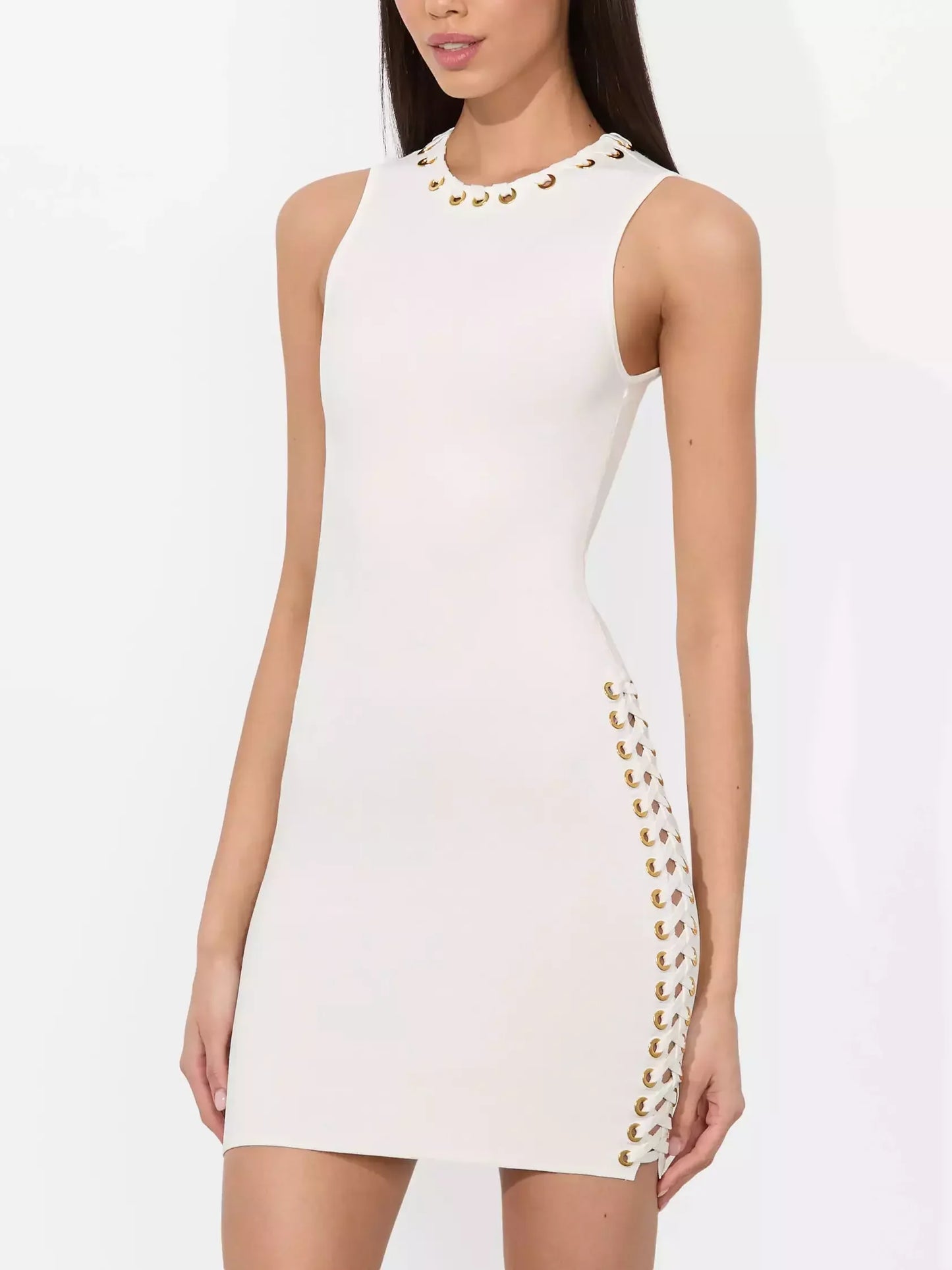 Lace-Up Grommet Mini Dress in White - Dresses