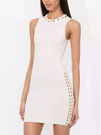 Lace-Up Grommet Mini Dress in White - Dresses