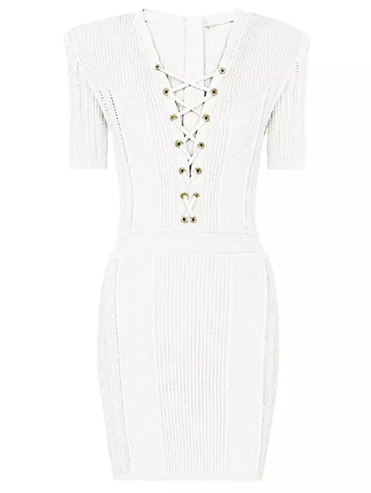 Lace-Up Ribbed Knit White Mini Dress