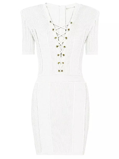Lace-Up Ribbed Knit White Mini Dress