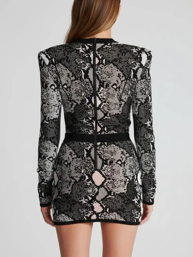 Lace-Up V-Neck Snakeskin Knit Mini Dress - Dresses