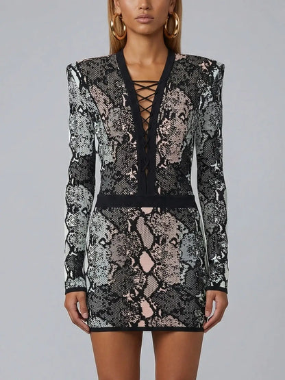 Lace-Up V-Neck Snakeskin Knit Mini Dress - Dresses