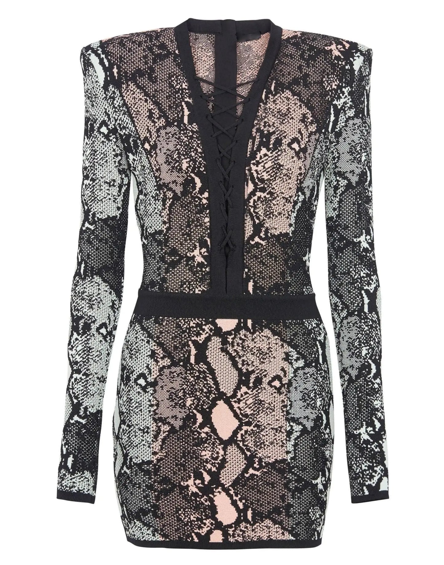 Lace-Up V-Neck Snakeskin Knit Mini Dress - Dresses