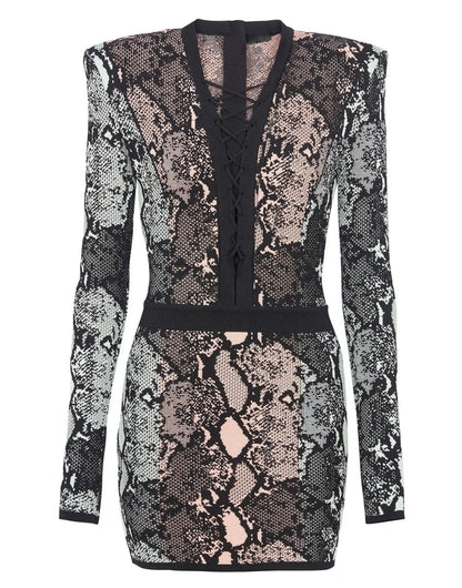 Lace-Up V-Neck Snakeskin Knit Mini Dress - Dresses