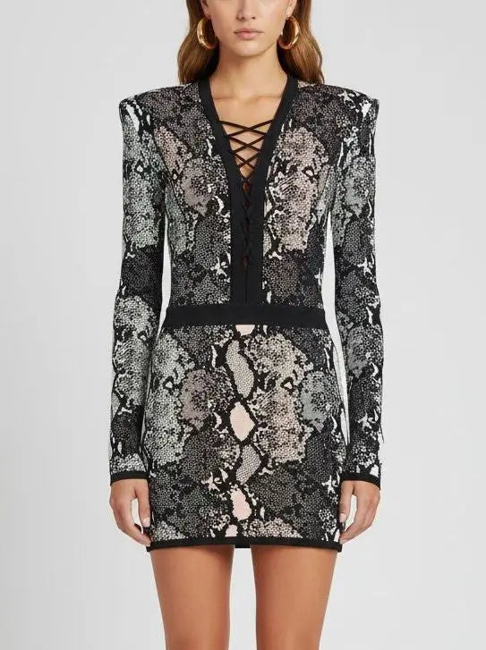 Lace-Up V-Neck Snakeskin Knit Mini Dress - Dresses