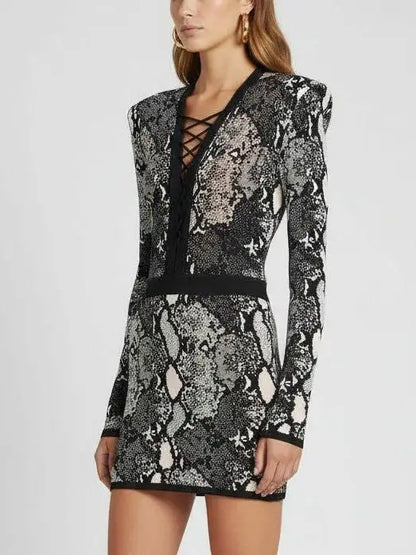 Lace-Up V-Neck Snakeskin Knit Mini Dress - Dresses