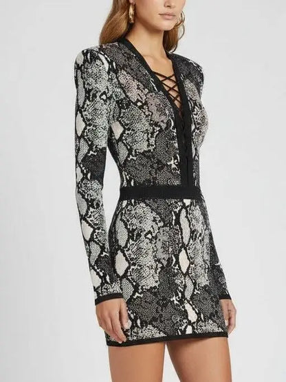 Lace-Up V-Neck Snakeskin Knit Mini Dress - Dresses