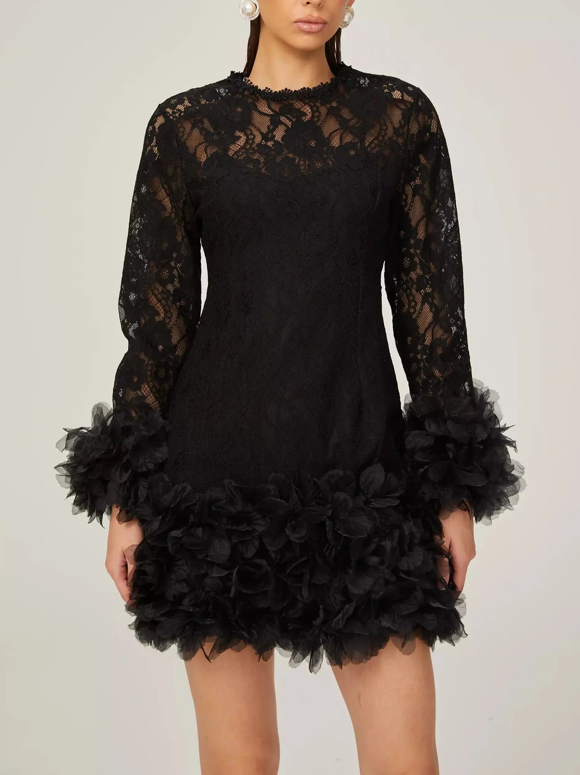 Lace with Petal-Tulle Detail Mini Dress Branna Couture