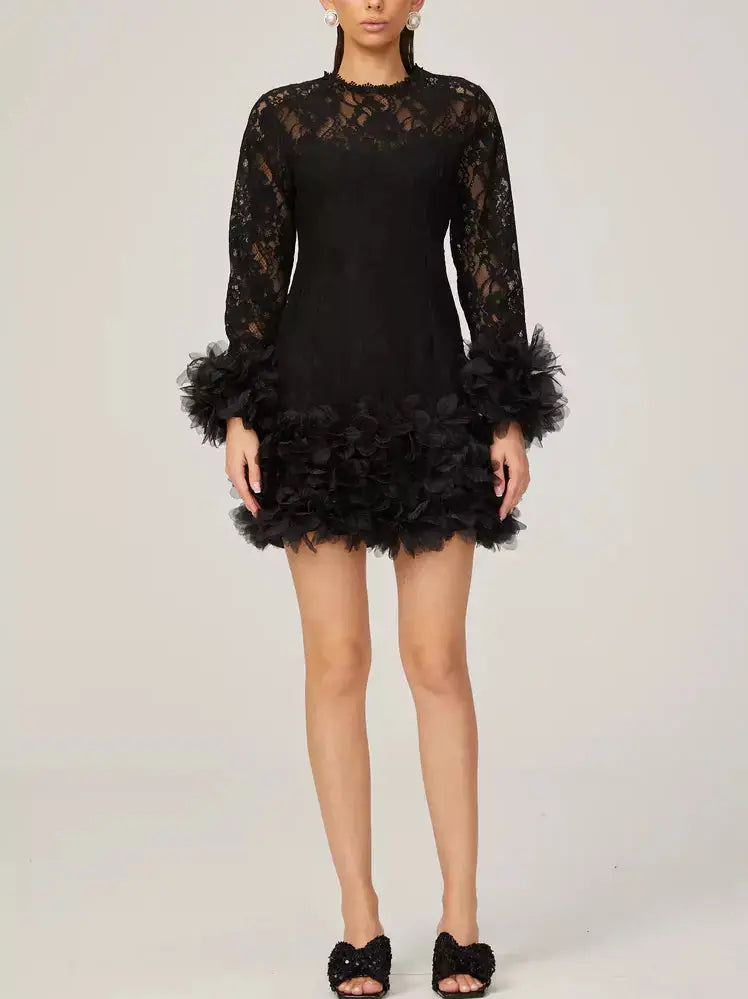 Lace with Petal-Tulle Detail Mini Dress Branna Couture