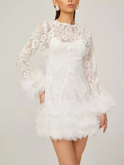 Lace with Petal-Tulle Detail Mini Dress Branna Couture