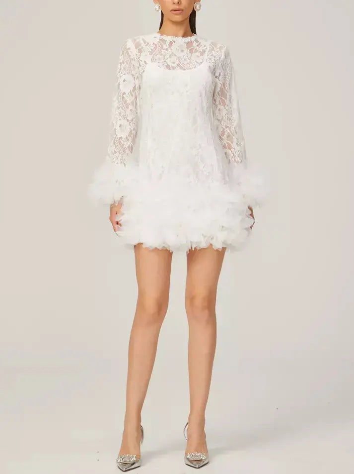 Lace with Petal-Tulle Detail Mini Dress Branna Couture