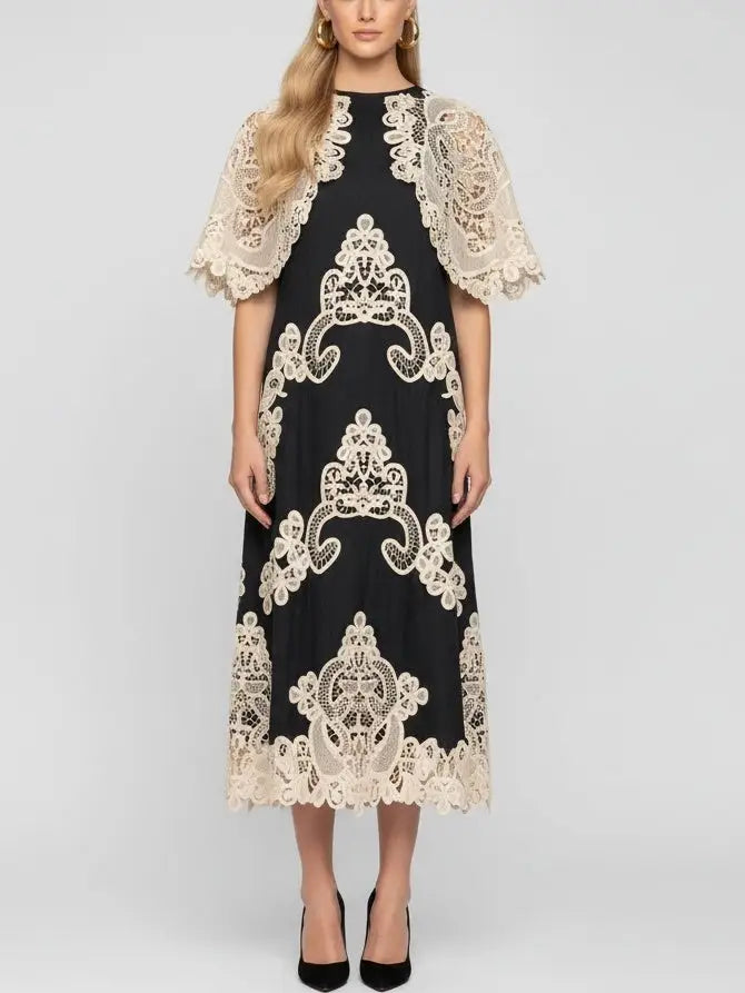 Lace Cape-Sleeve Cotton & Linen Midi Dress - Small / Black - Dresses