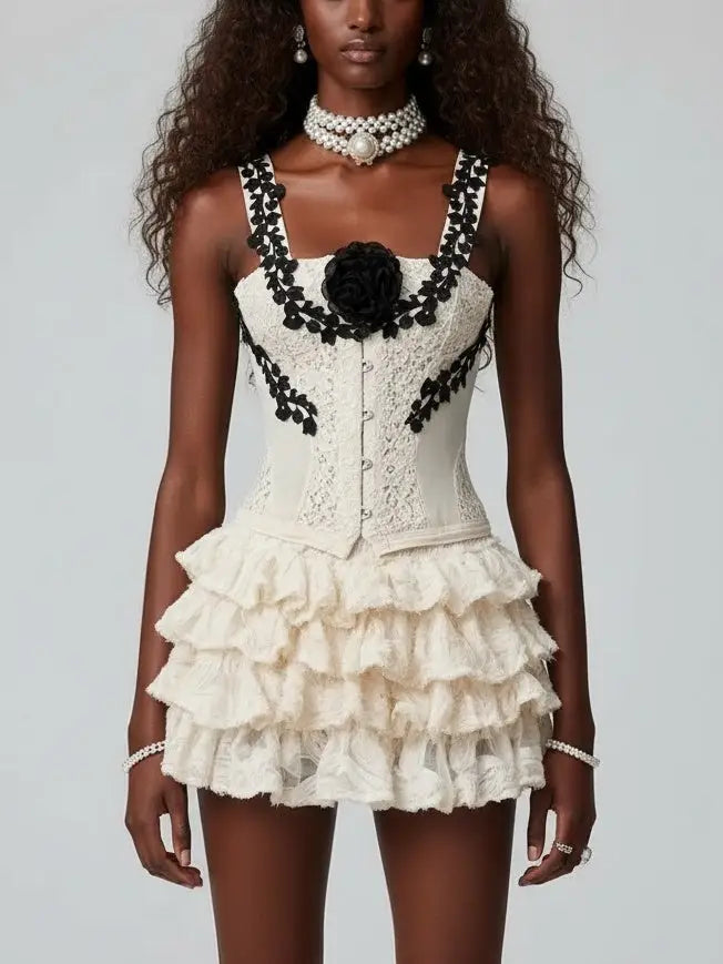 Lace Corset Top and Tiered Ruffle Mini Skirt Set - Small - Suits & Sets