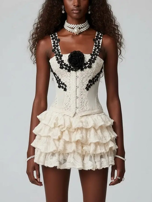 Lace Corset Top and Tiered Ruffle Mini Skirt Set - Small - Suits & Sets