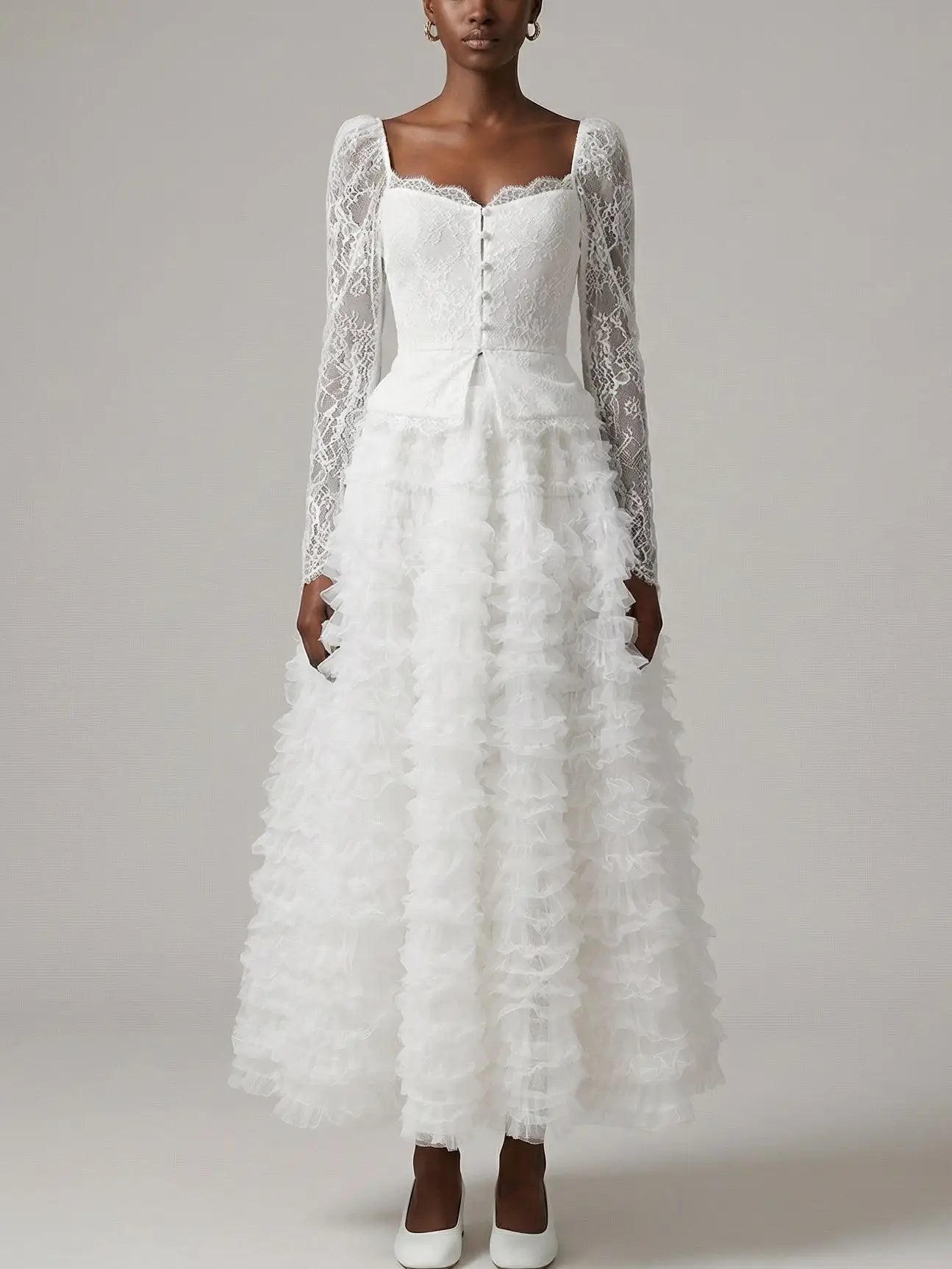 Lace Corset Top and Tiered Ruffle Skirt Set in White - Small - Suits & Sets