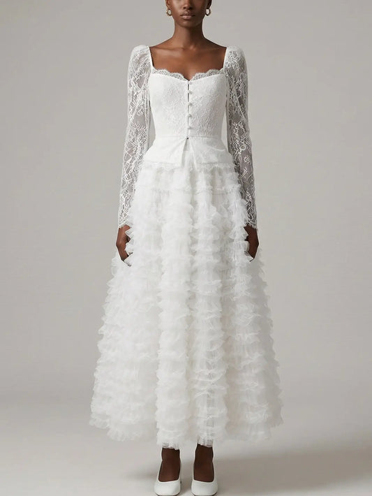 Lace Corset Top and Tiered Ruffle Skirt Set in White - Small - Suits & Sets