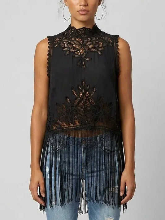 Lace Cutwork Fringe Hem Sleeveless Top - Small - Tops